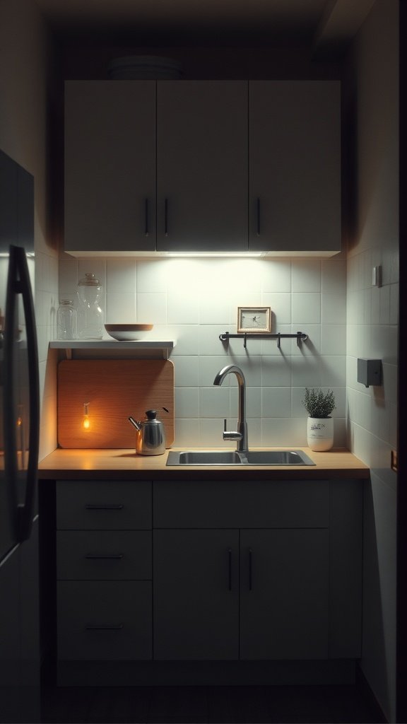 A small kitchen with under-cabinet lighting, highlighting the sink area.