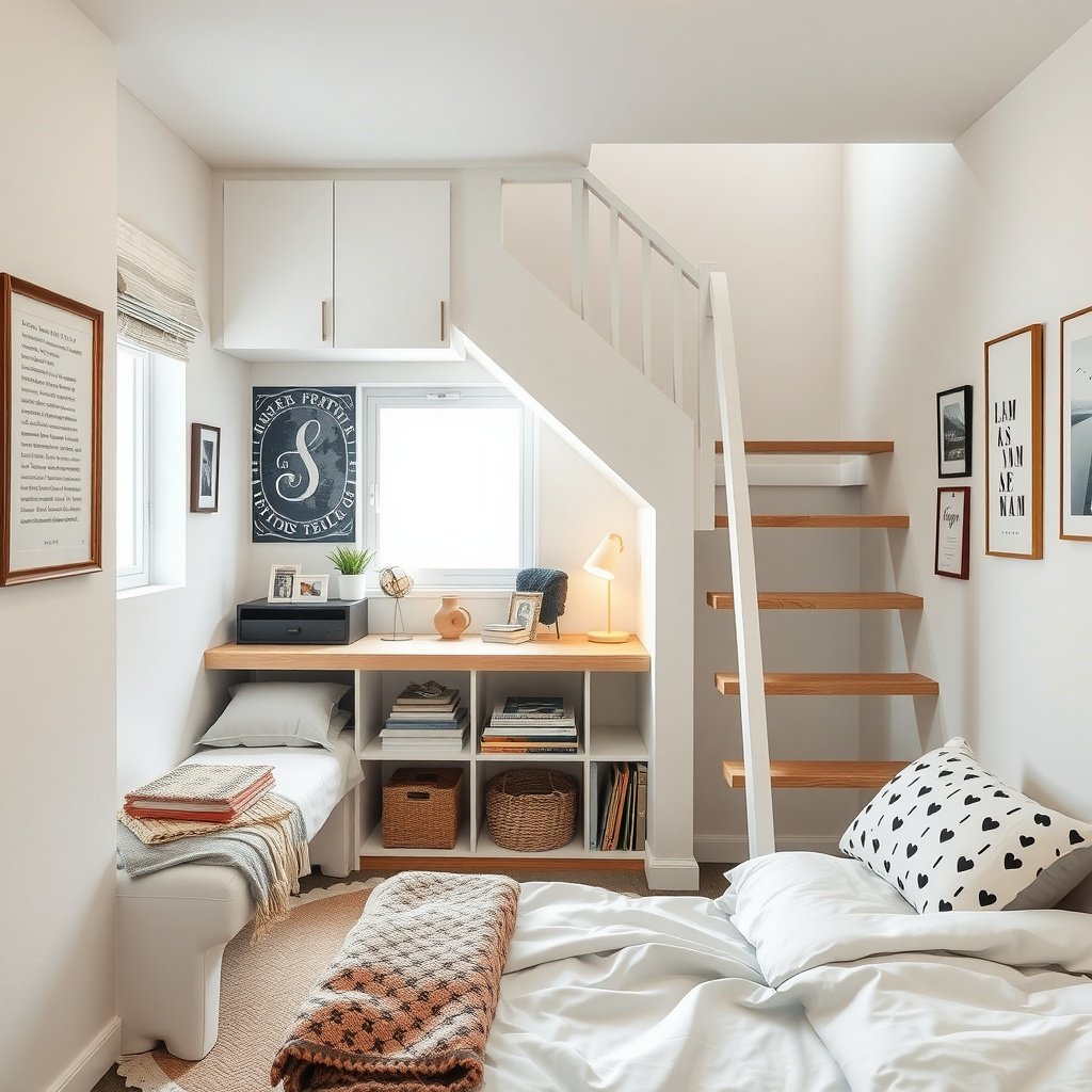 Cozy bedroom with under-stairs storage featuring shelves and a desk.