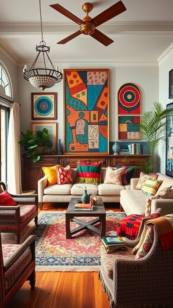 A cozy living room with bold patterns and vibrant decor showcasing boho maximalism.