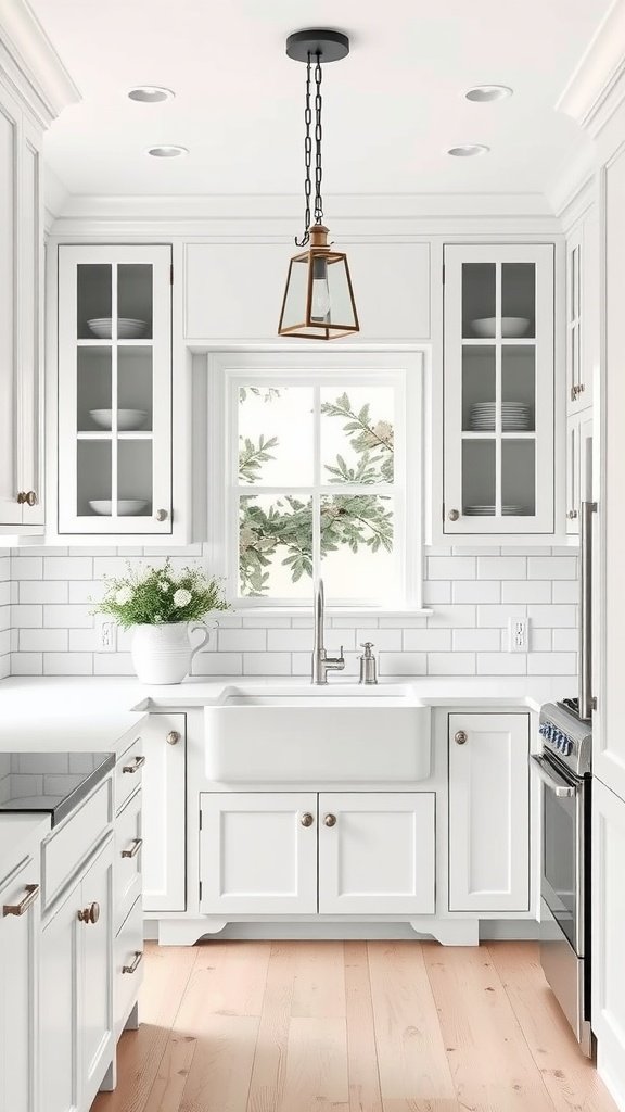 A timeless kitchen with white cabinets, a farmhouse sink, and natural wood flooring.