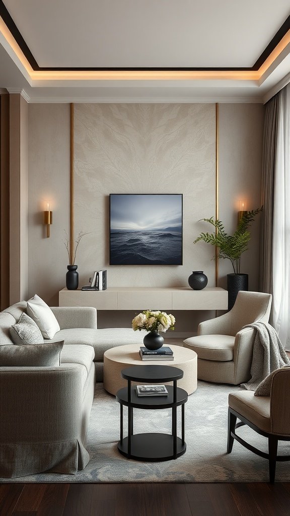 A modern neutral living room featuring soft textured fabrics and minimalist decor.