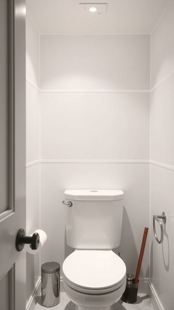 A small, modern bathroom featuring a clean, monochrome design with a white toilet and minimal decor.