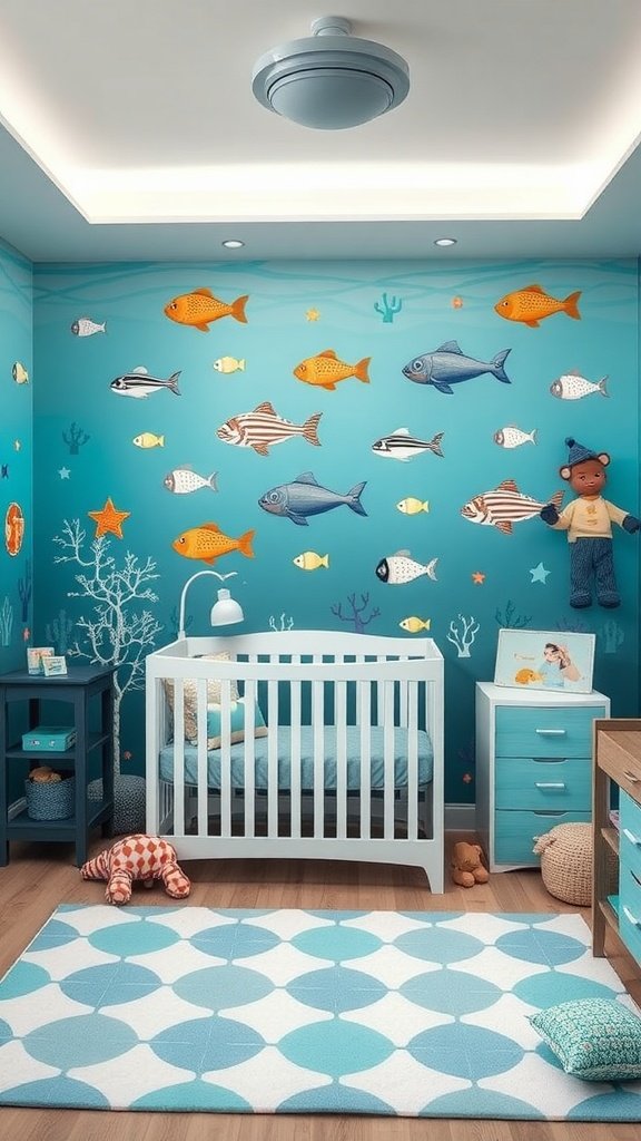 A vibrant underwater-themed nursery featuring a crib, colorful fish wall art, and a cozy rug.