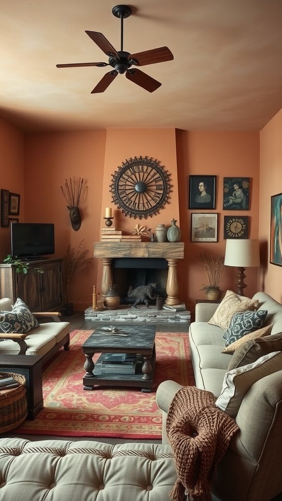 A cozy living room featuring burnt sienna walls, wooden furniture, and decorative accents.