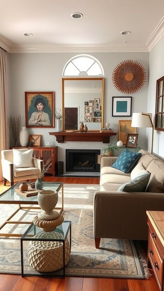 A stylish French country living room featuring cozy furniture, decorative accents, and unique artwork.