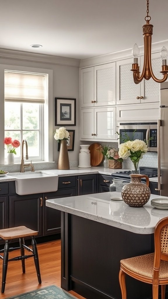 A stylish kitchen with decorative elements including flowers, art, and a chandelier.