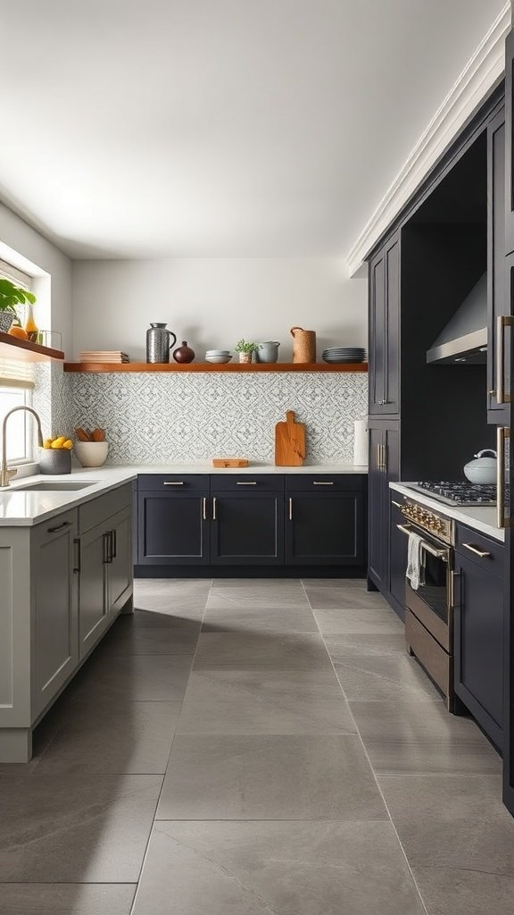 Modern kitchen with unique flooring options and stylish cabinetry.