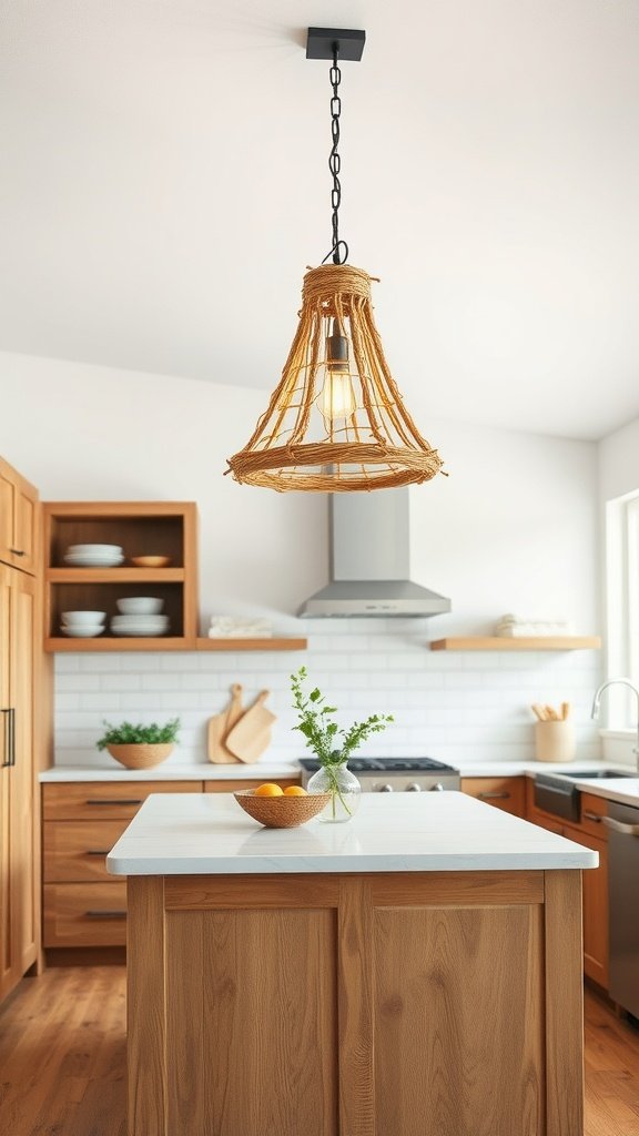 A unique pendant light made of natural fibers hangs over a kitchen island with wooden cabinetry.