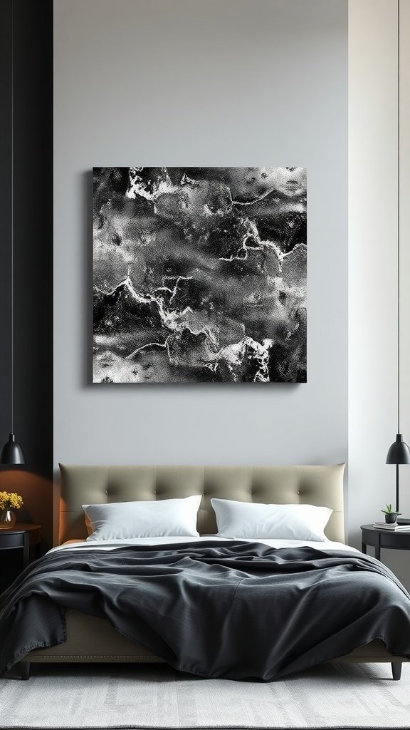 Black and white marble wall art displayed above a bed in a modern bedroom.