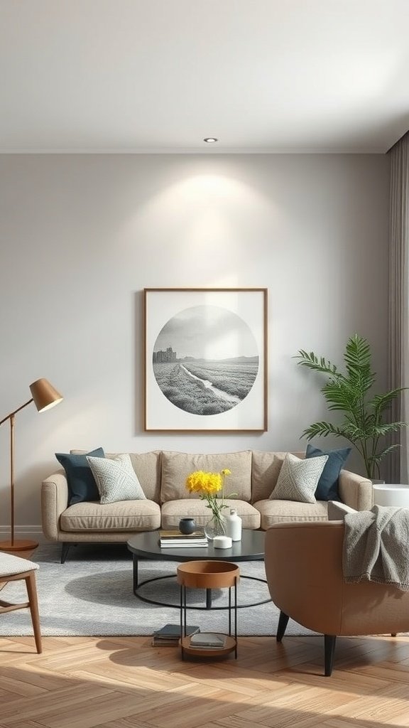 A modern living room featuring a beige sofa, black coffee table, and plants, showcasing urban chic style.