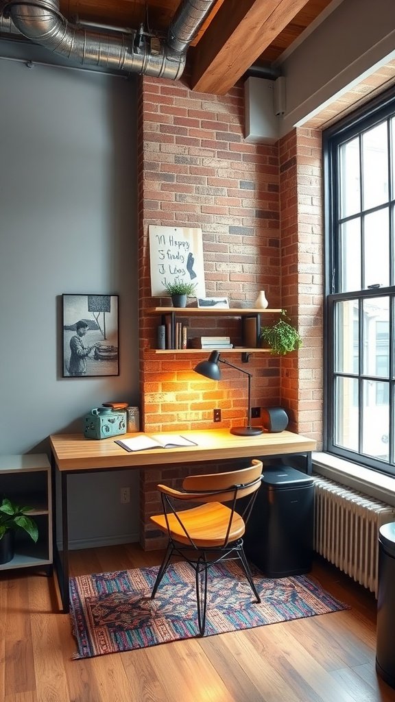 Stylish urban loft study corner with large windows, a wooden desk, and a cozy chair.