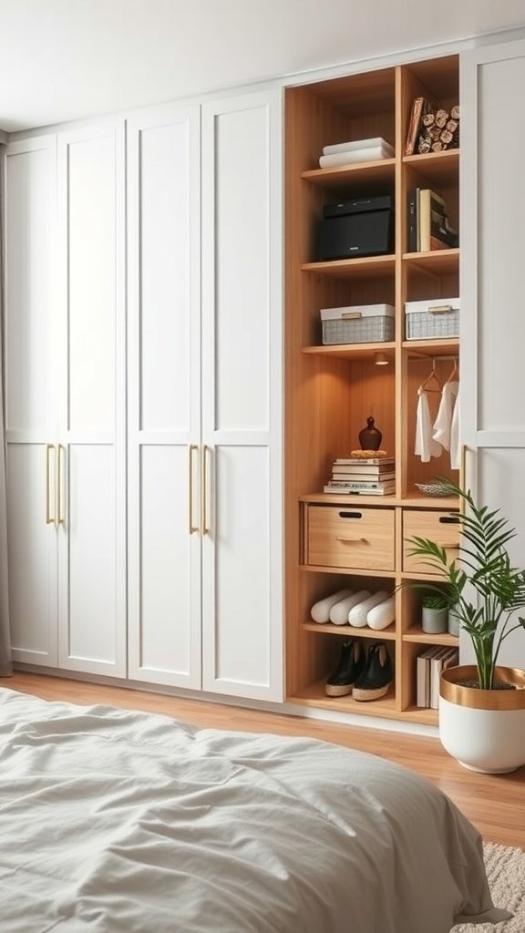 A modern bedroom featuring built-in storage cabinets with open shelves.