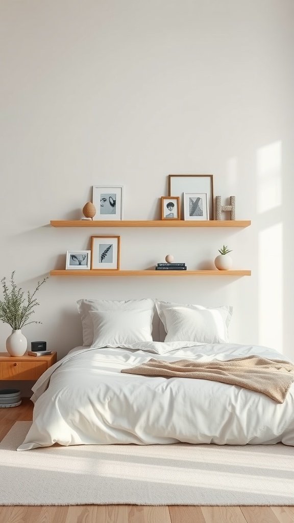 A cozy bedroom featuring floating shelves with decorations.