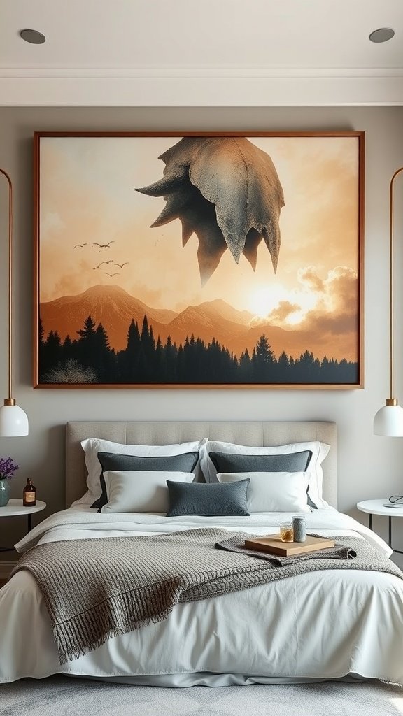 A vibrant piece of artwork featuring a woman with flowing fabric above a neatly made bed.