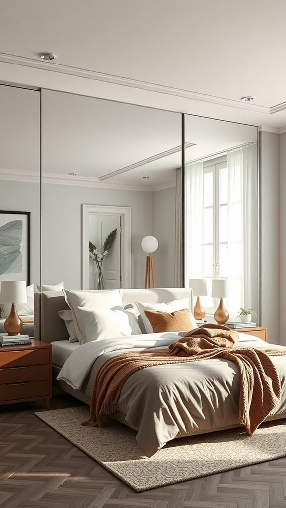 A stylish bedroom featuring a large mirror that enhances the sense of space.