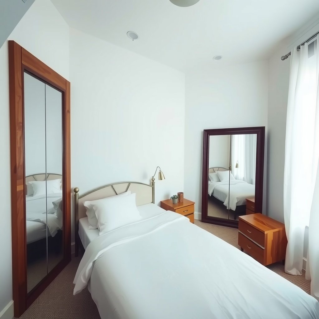 A cozy bedroom featuring a bed, nightstands, and large mirrors that create an illusion of space.