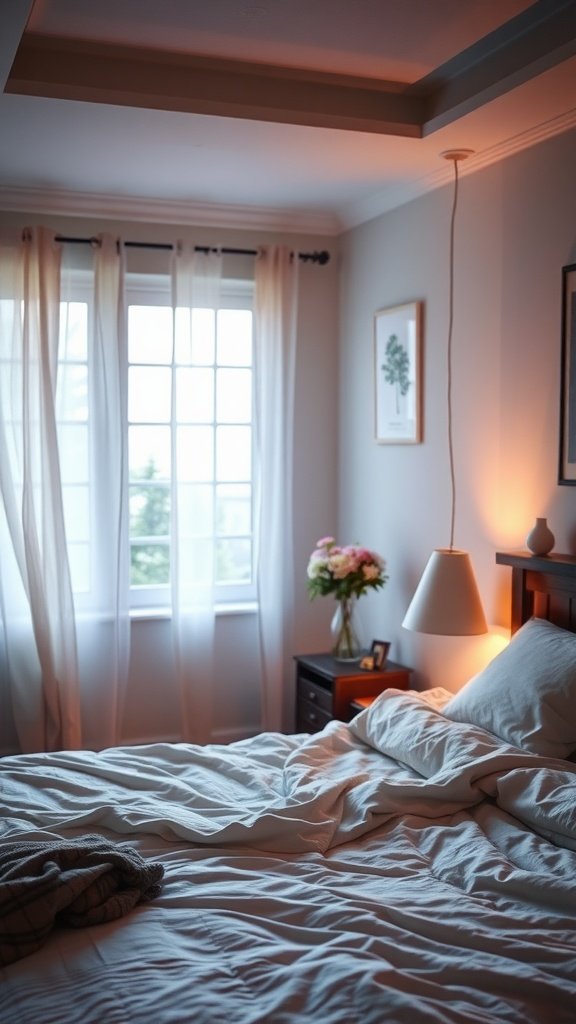 A softly lit bedroom with warm lighting and sheer curtains.