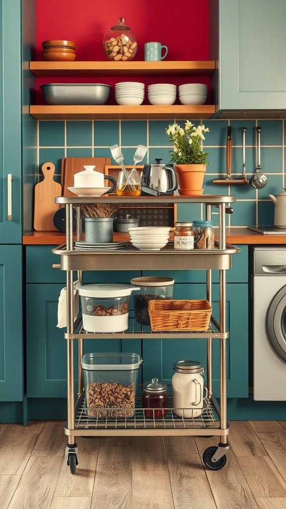 A stylish kitchen rolling cart filled with various kitchen items and plants.