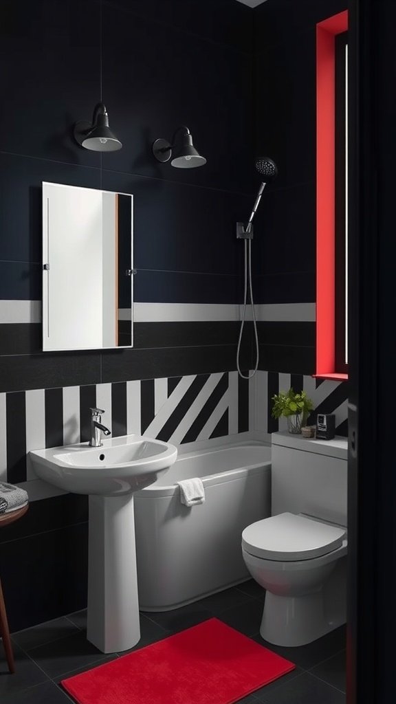 Modern dark bathroom design featuring asymmetric stripes and accent colors.