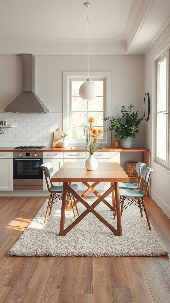 A cozy kitchen with a wooden table and light-colored area rug.