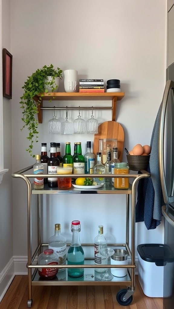 A stylish bar cart with various bottles, glasses, and a plant, ideal for small kitchen storage.