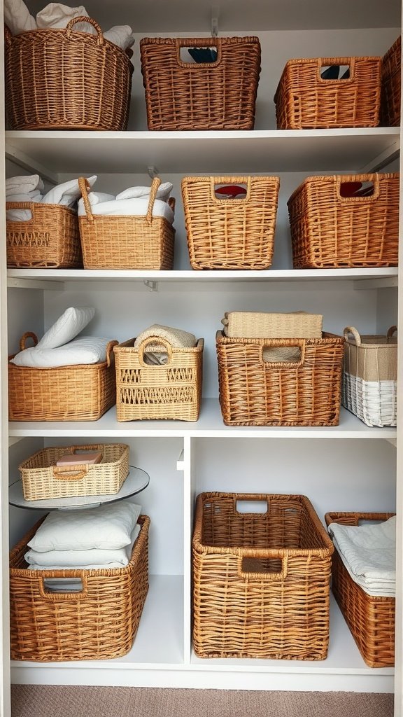 Neatly arranged baskets on shelves in a closet.
