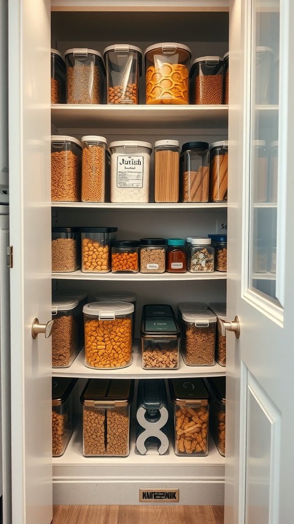 A neatly organized pantry with clear containers filled with various food items.
