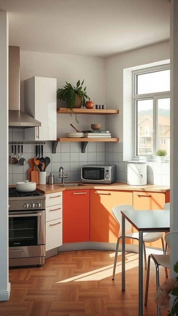 A small kitchen featuring orange cabinets and wooden shelves.
