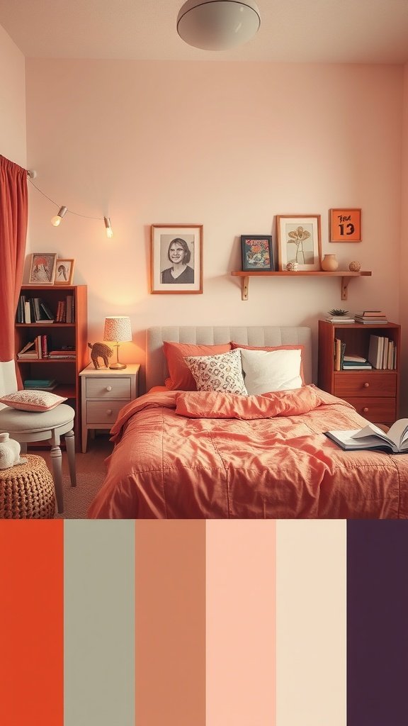 A cozy bedroom featuring soft peach and beige colors with layered textures.