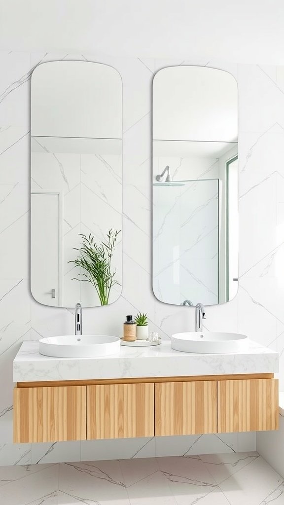 A modern bathroom featuring two frame-less mirrors above a double sink vanity with wooden drawers.