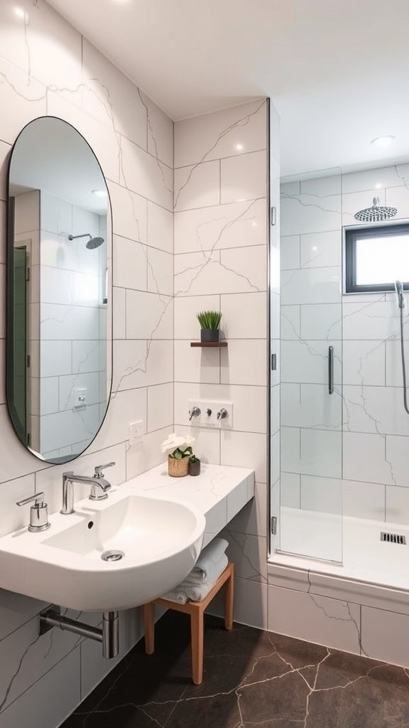 A small bathroom with modern fixtures and mirrors, demonstrating the use of mirrors to create a more spacious feel.