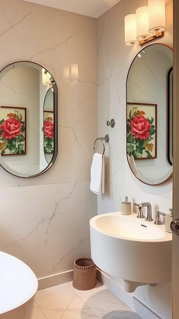 A stylish bathroom featuring mirrors and floral artwork.