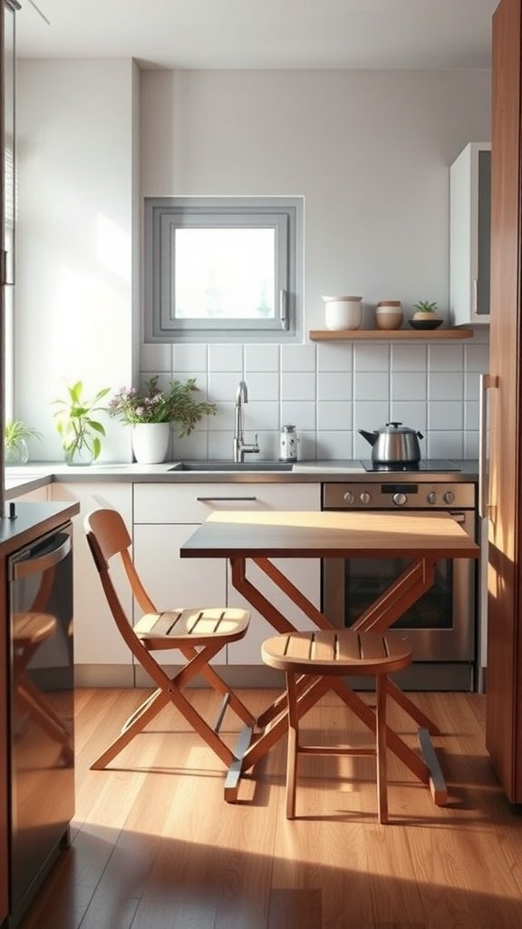 A compact kitchen with a foldable table and chairs, maximizing space and functionality.