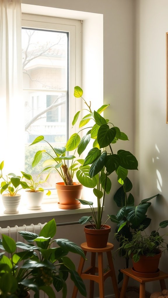 A cozy bedroom corner filled with various potted plants by a sunlit window.