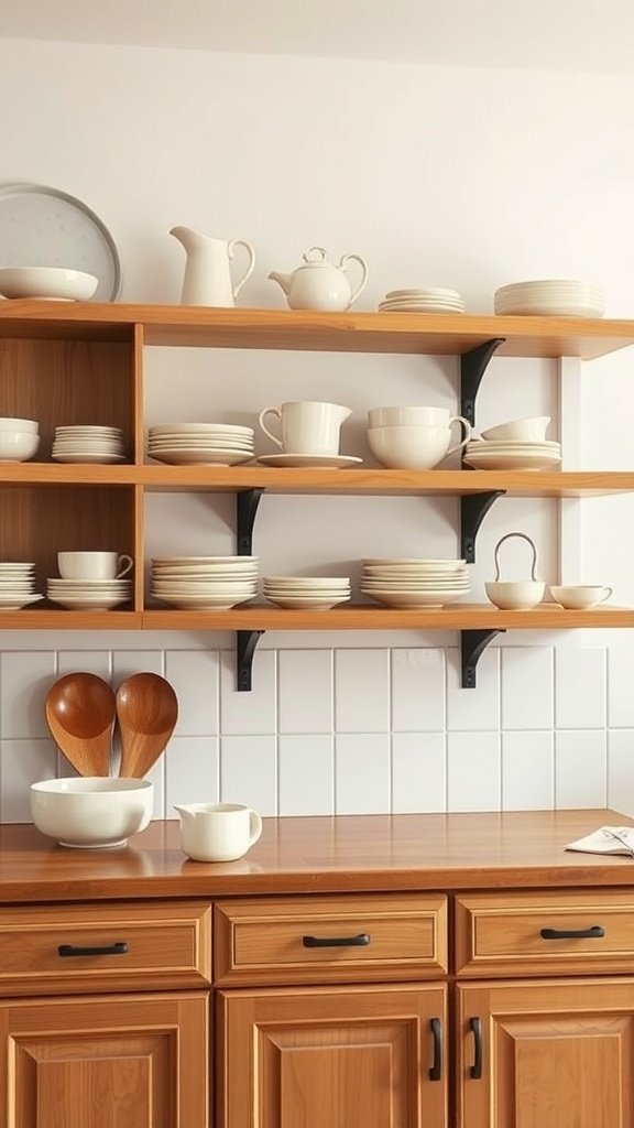 Open shelving in a kitchen displaying neutral-toned plates and utensils.