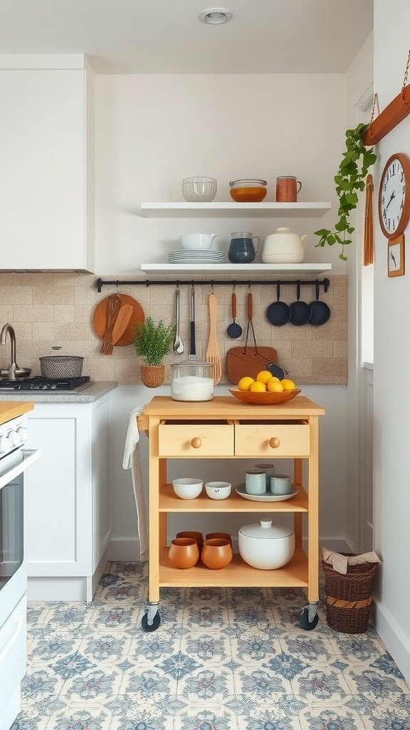 A light-colored rolling cart in a small kitchen with kitchenware and fruits on top.