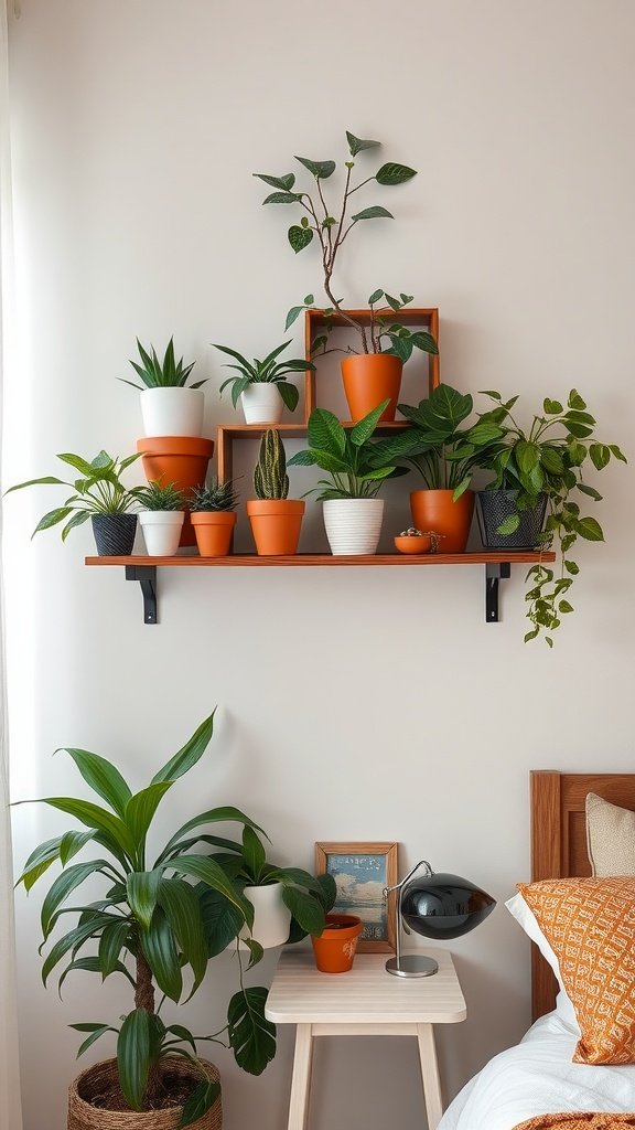 A stylish shelf filled with various potted plants in a cozy bedroom setting.