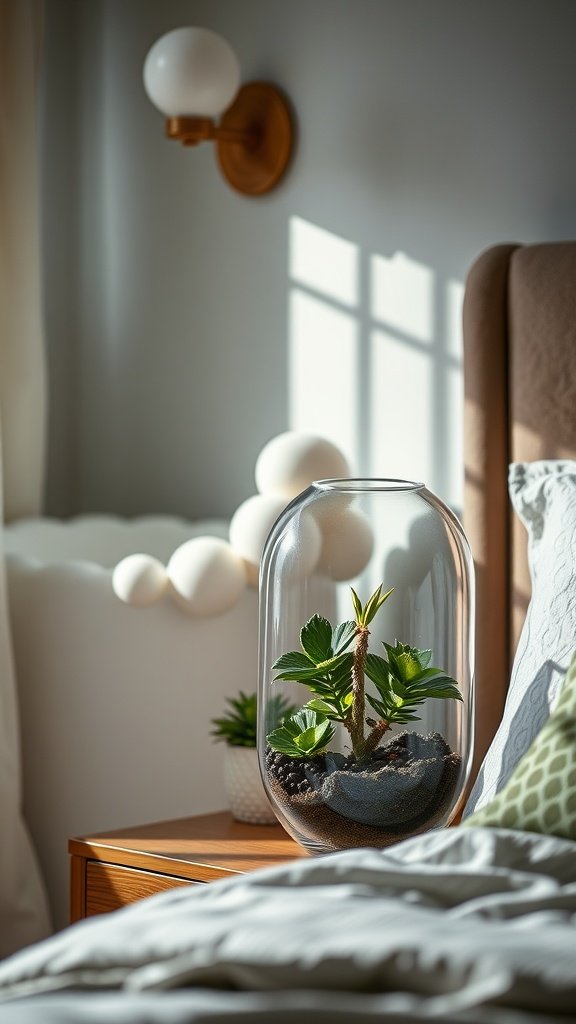 A stylish terrarium featuring a small plant inside a glass container on a bedside table.