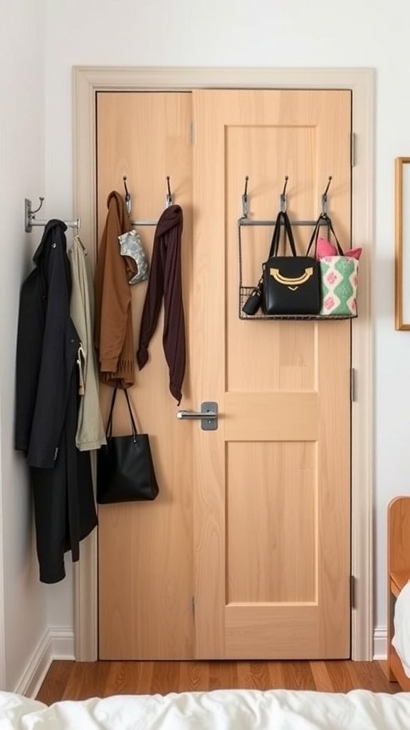 A wooden door with hooks holding bags and clothing.
