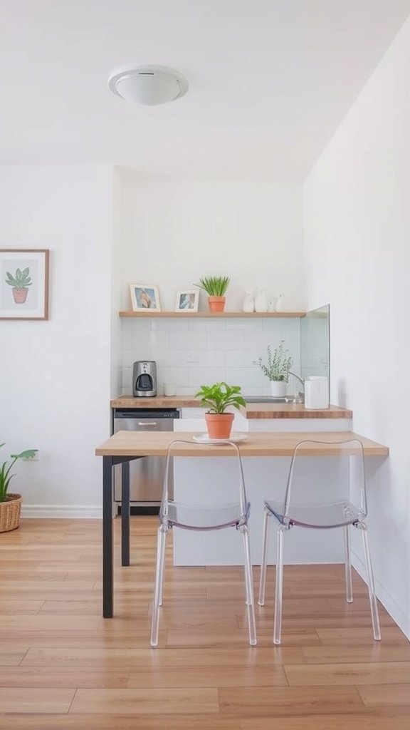 A small, modern kitchen featuring a table and transparent chairs.