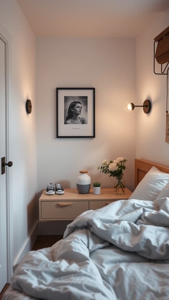 Cozy small bedroom with wall-mounted lighting and a stylish nightstand.