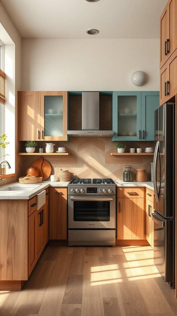 A kitchen featuring two-tone cabinets with light wood elements and vibrant blue accents.