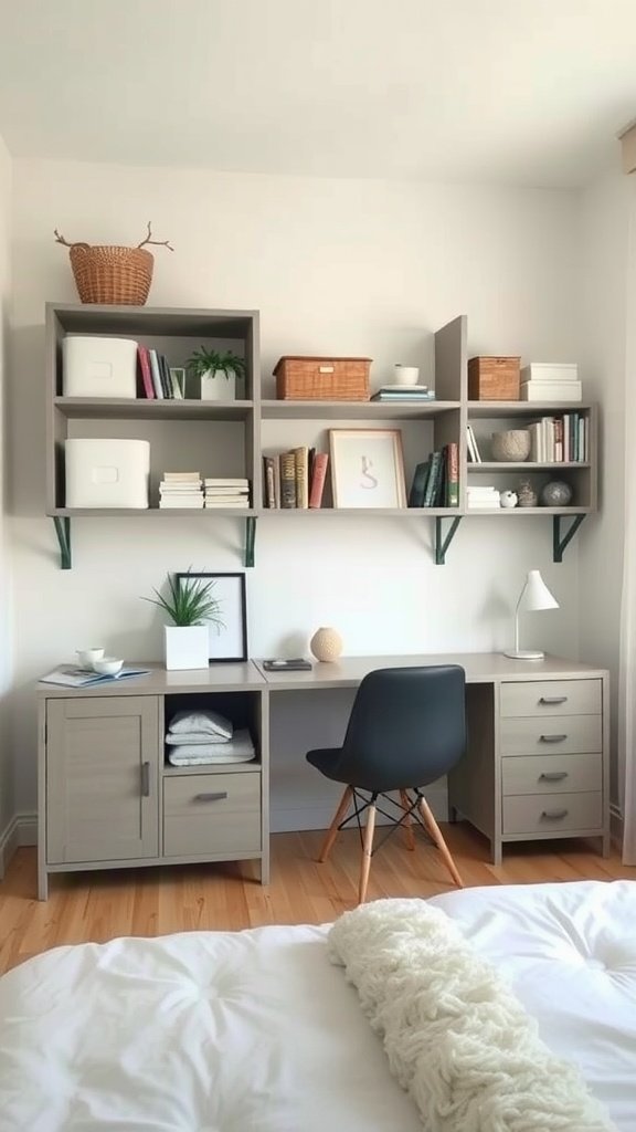 A stylish bedroom workspace with open storage solutions, including shelves and a desk.