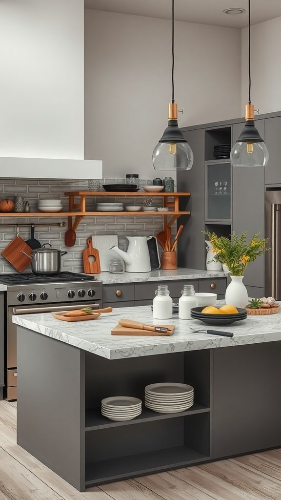 A modern kitchen featuring a peninsula with marble countertop, plates, utensils, and decor.