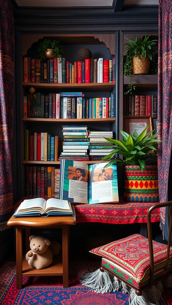 A cozy corner featuring bookshelves filled with colorful books, a wooden table with an open book, a teddy bear, and a vibrant patterned cushion.