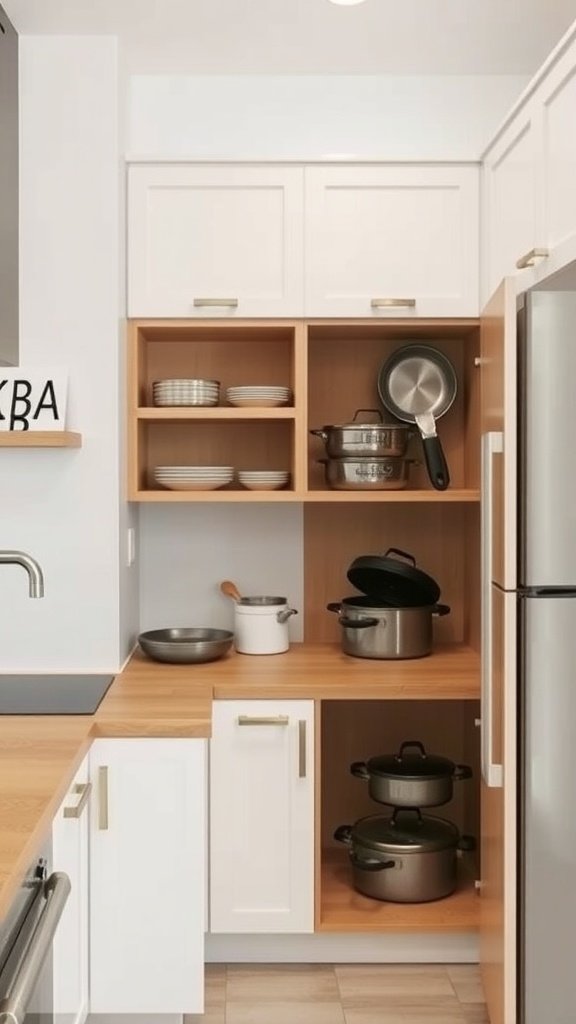 A well-organized corner cabinet in a small kitchen with pots, pans, and plates.