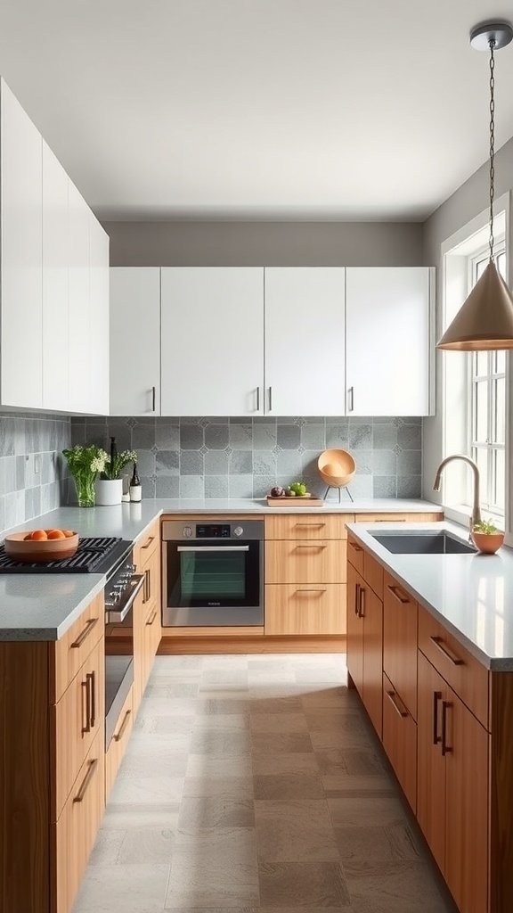 A modern kitchen with custom cabinetry in warm wood tones and sleek white cabinets.