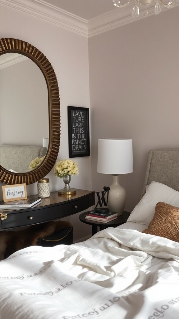 Cozy bedroom with a round mirror above a dresser and warm decor.