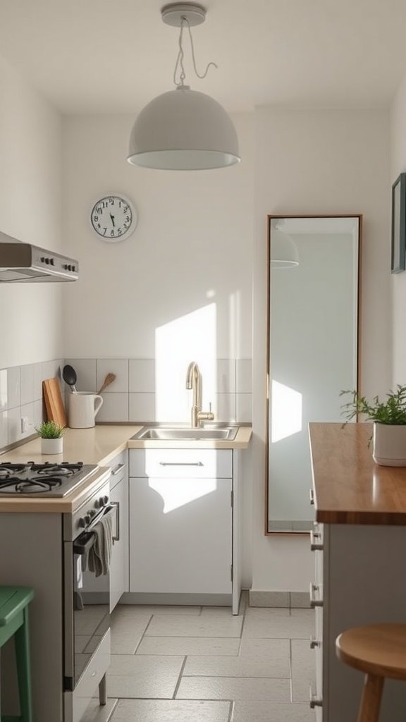A small kitchen featuring a mirror that enhances the sense of space.