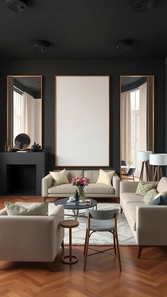 A living room featuring dark walls and light furniture, with mirrors adding to the decor